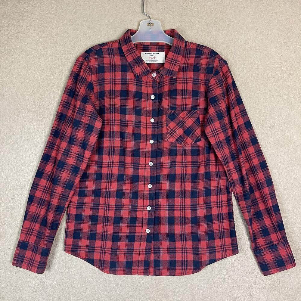 Marine Layer Shirt Womens S Red Plaid Flannel Long Sleeve Chest Pocket Button Up
